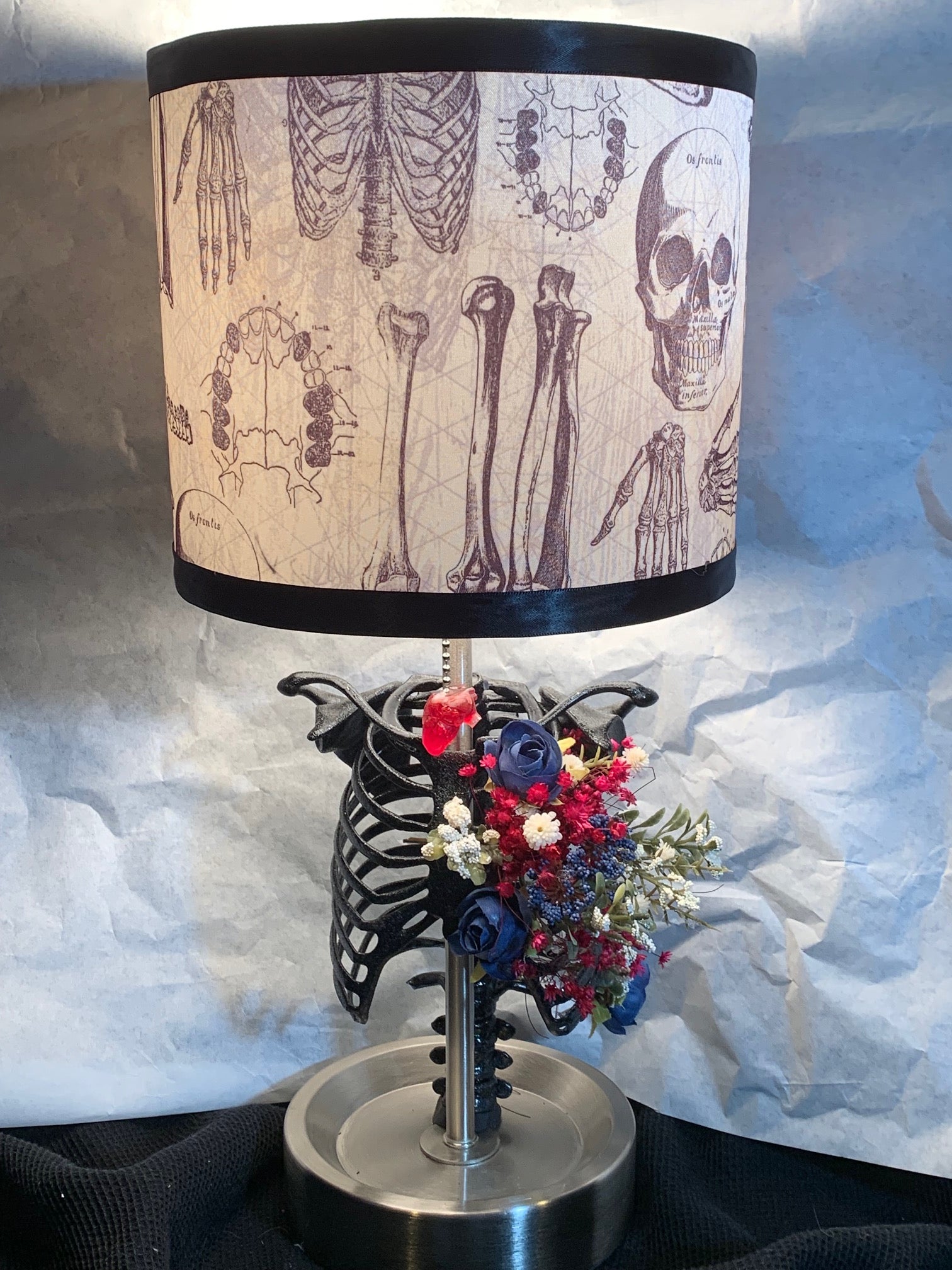 Handcrafted 3D Resin Printed Ribcage Lamp – Anatomy Chart Covered Shade and Heart Chain Pull