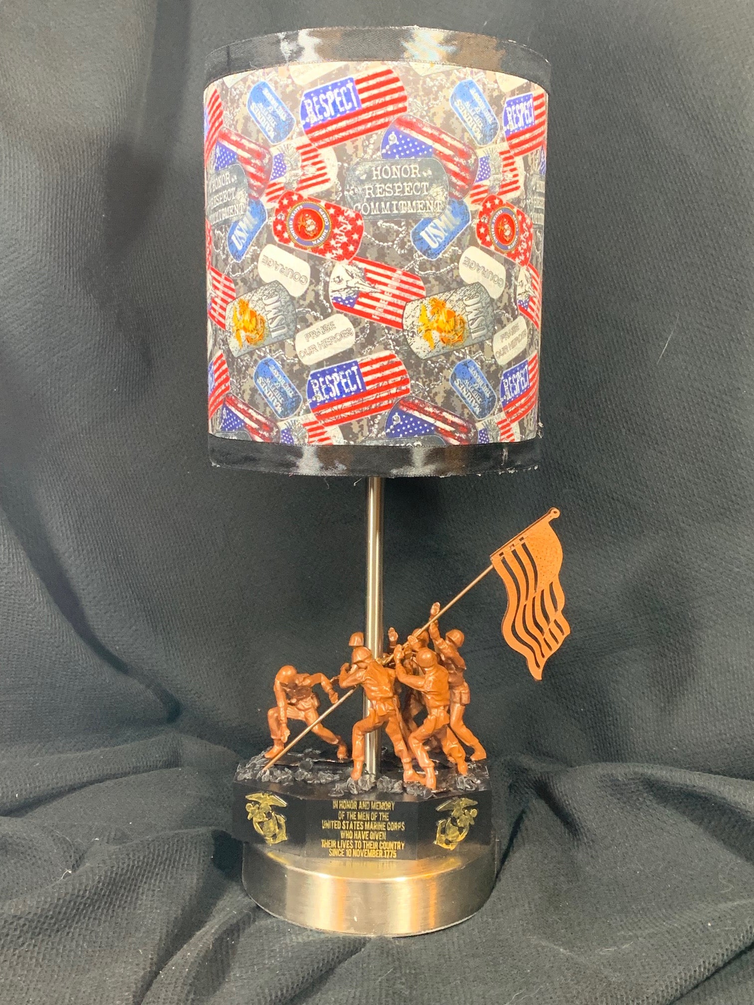 Celebrate Marines - Iwo Jima Memorial Inspired Statue, Marine-Inspired Fabric Shade, 3-Way Touch & Extra Outlet