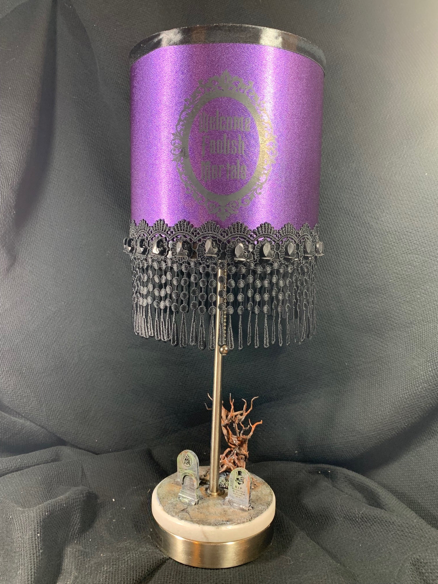 Hand Painted Ghostly Mansion Lamp with 3D resin printed graveyard, Custom shade with miniature Buggies