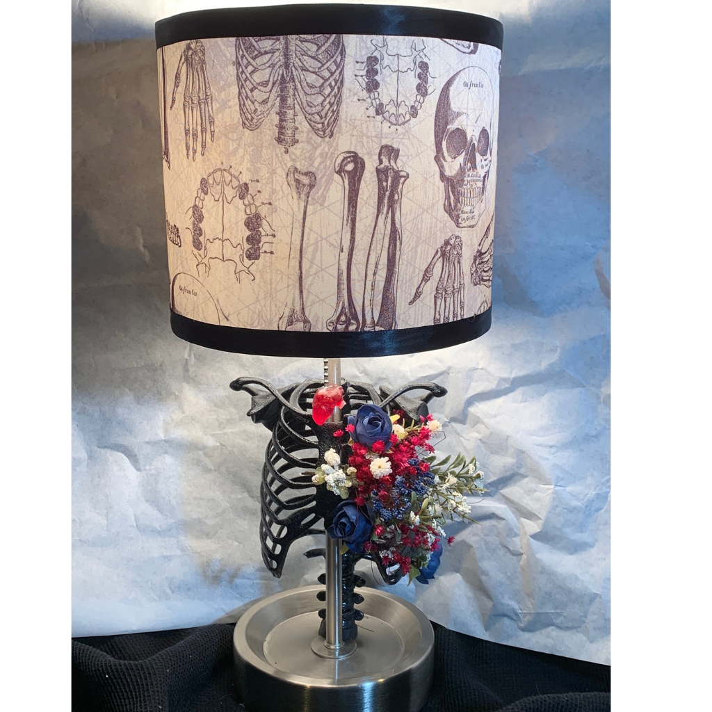 Handcrafted 3D Resin Printed Ribcage Lamp – Anatomy Chart Covered Shade and Heart Chain Pull