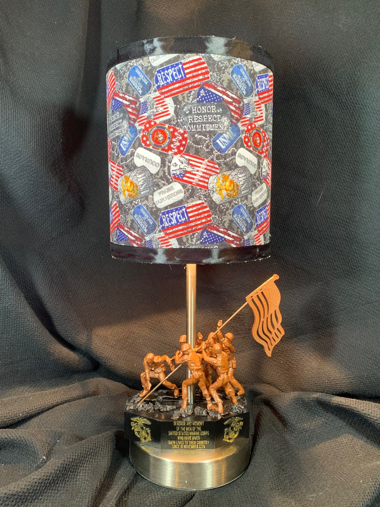 Celebrate Marines - Iwo Jima Memorial Inspired Statue, Marine-Inspired Fabric Shade, 3-Way Touch & Extra Outlet